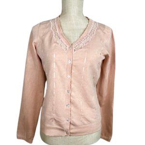 Fancy Janeville Cardigan with Lace Collar and Vertical Ribbon Detail